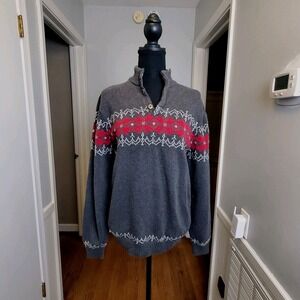 82Zero Gray Red White Nordic Print 100% Cotton Pullover 1/4 Snap Sweater Size L